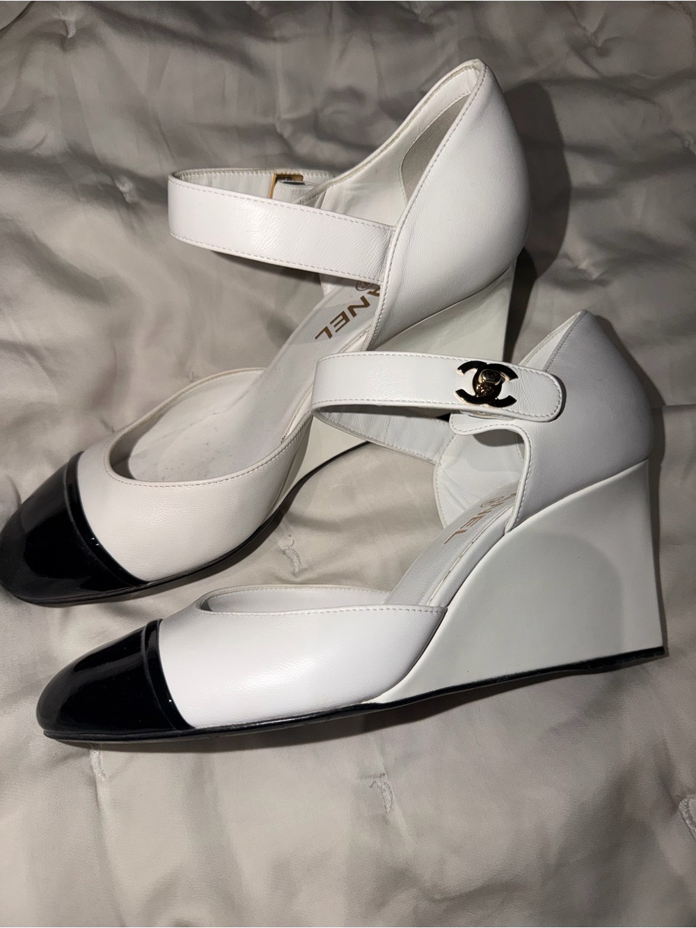 CHANEL White Leather Mary Jane Wedge Pumps with Black Cap Toe and ankle logo